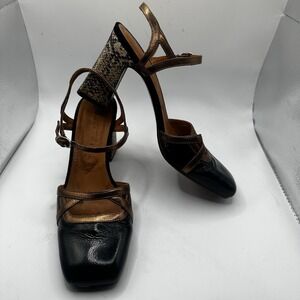 Chie Mihara Block Heel Pumps Black Bronze Leather Snake Square Toe EU 38 US 7.5
